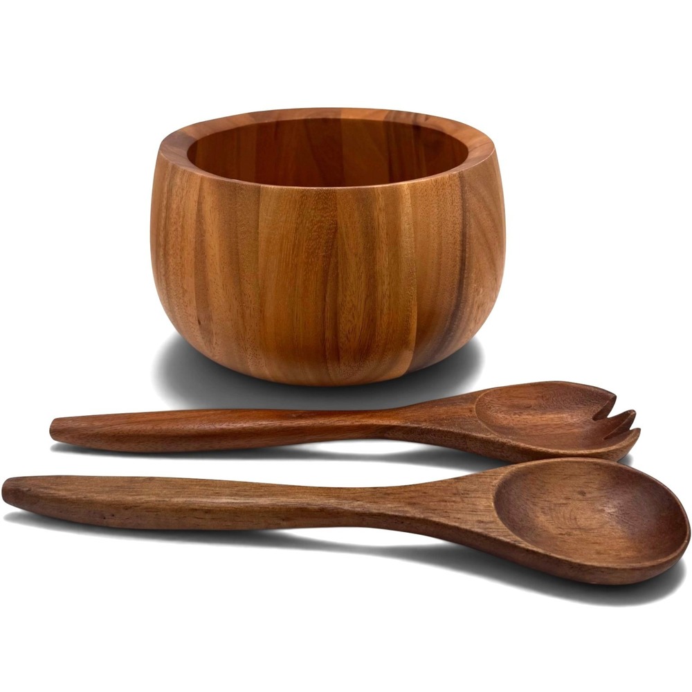 Dansk JHQ Wood Classics Tulip Acacia Salad Bowl 10" With Wooden Servers Thailand